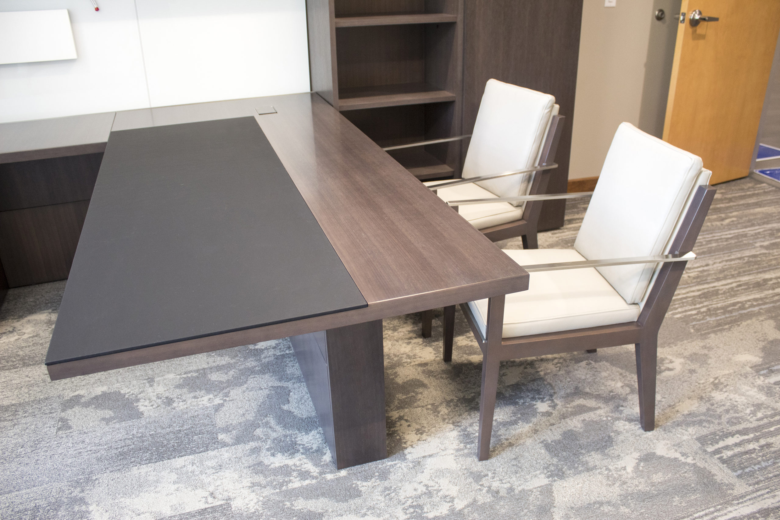 Executive Office with White and Brown Workstation Desk and Guest Chairs