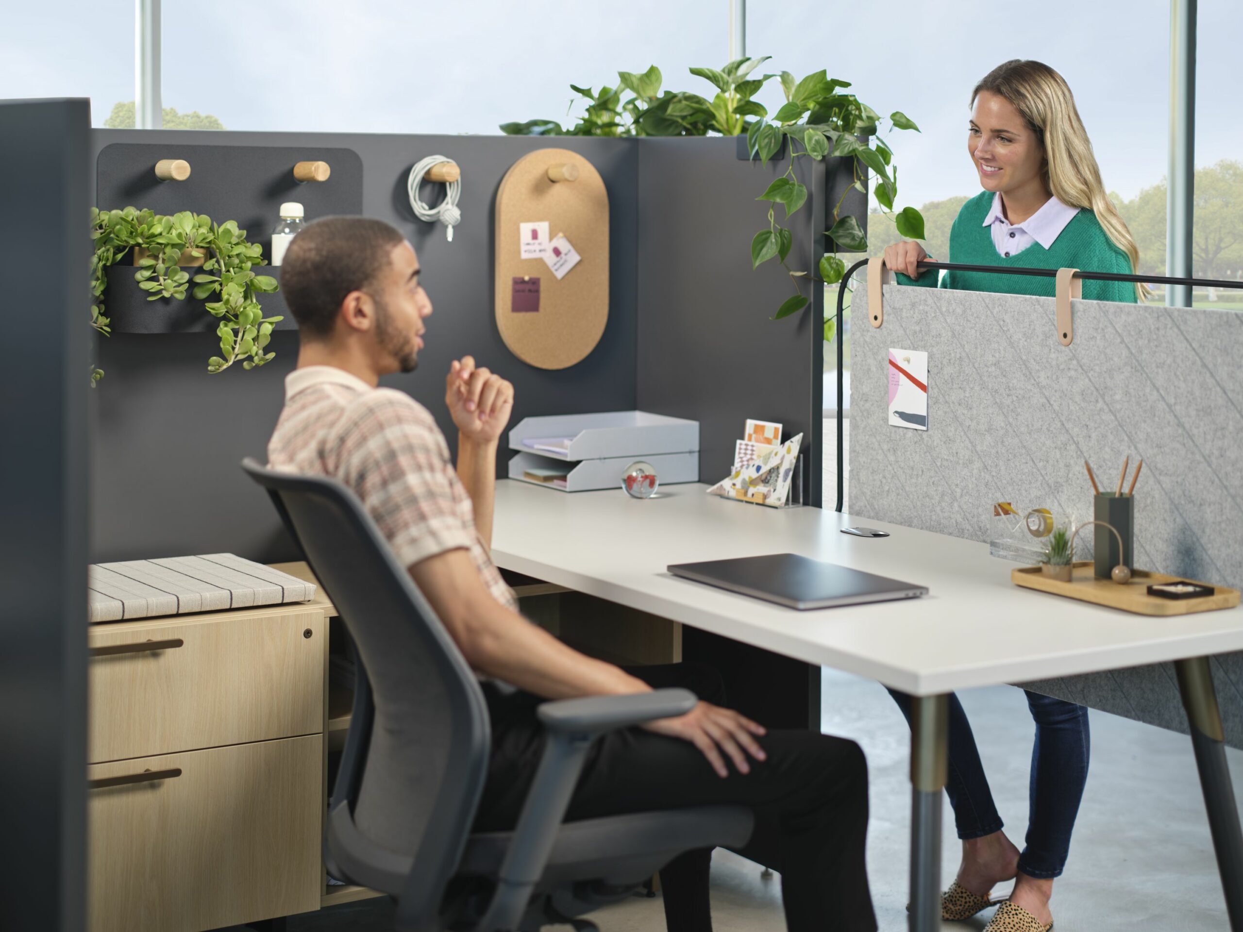 man working at a desk talks to woman standing behind screen there are planters in the workstation